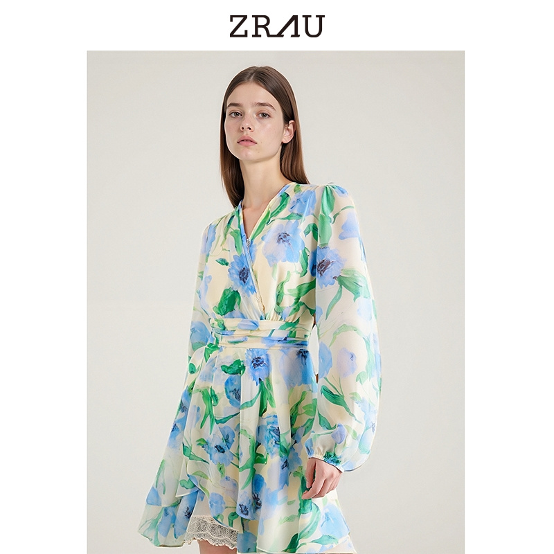 【达人专属】ZRAU法式优雅领结绑定收腰印花连衣裙Z1251L0035