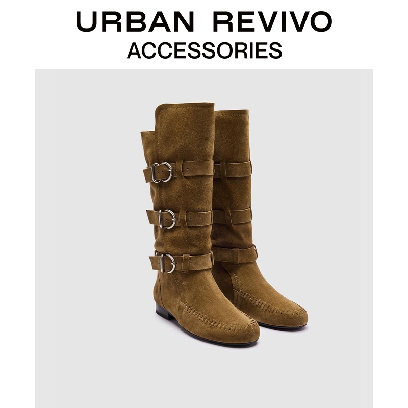 URBAN REVIVO2025冬季新款女士流光风真皮长靴UAYS50111