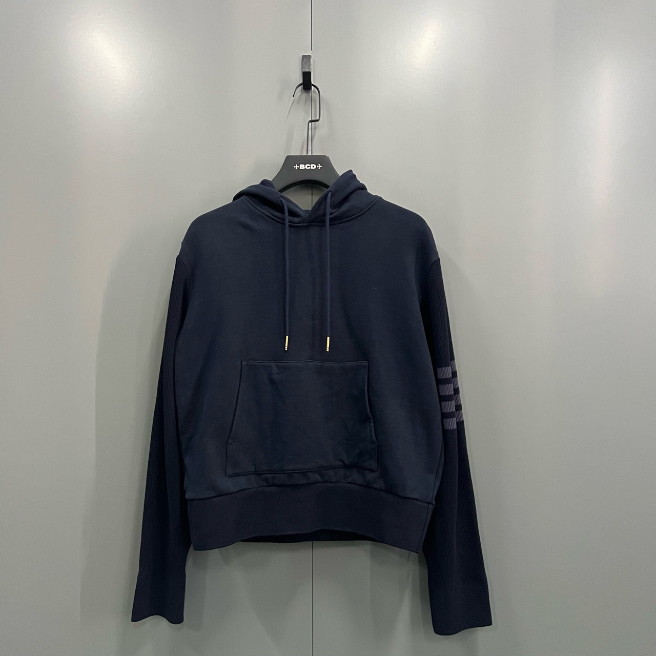 95新 THOMBROWNE （bb）藏青色四条纹帽衫 尺码如图/603693无领洗标