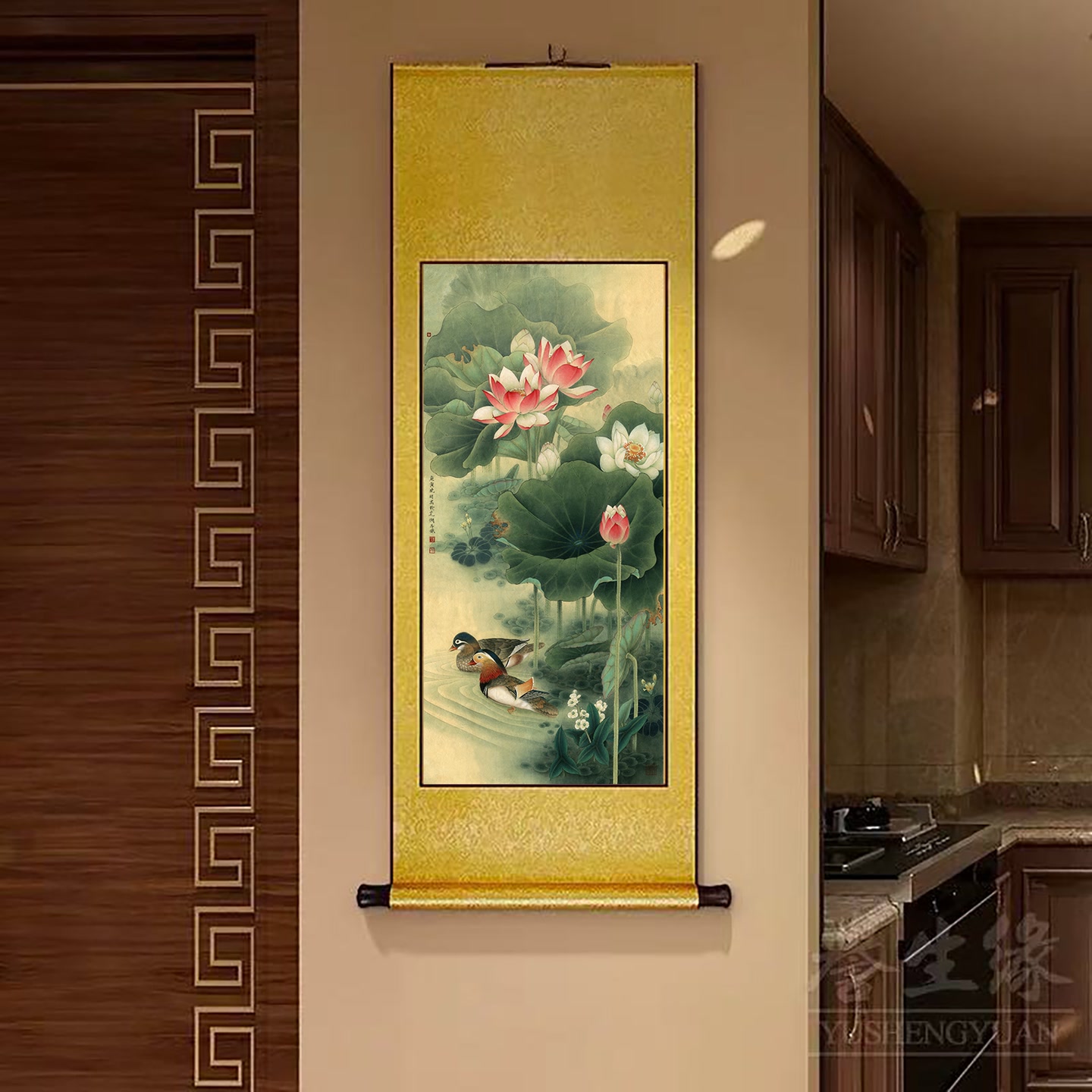 D48精装160*60《荷花鸳鸯图》中式数字微喷立式挂画卷轴画