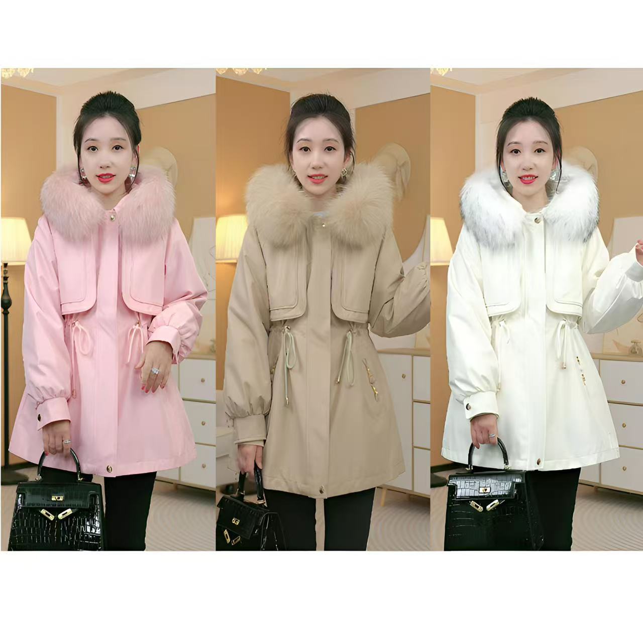 【芙蓉西施】2024新款连帽派克服时尚保暖貉子毛领兔毛内胆修身显瘦