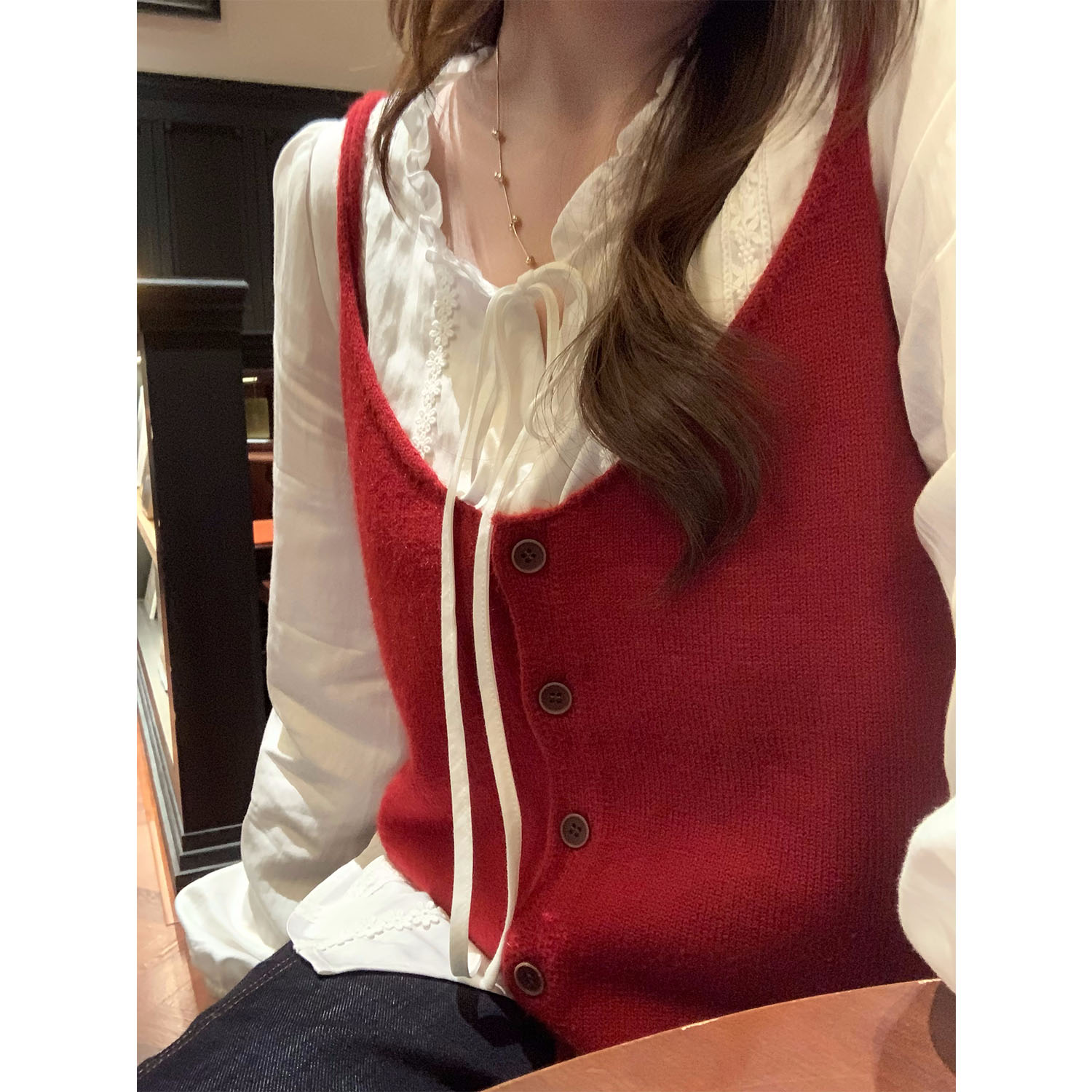 大婉酱千千微胖定制【红扑扑】花边领长袖衬衫针织马甲套装秋9947X