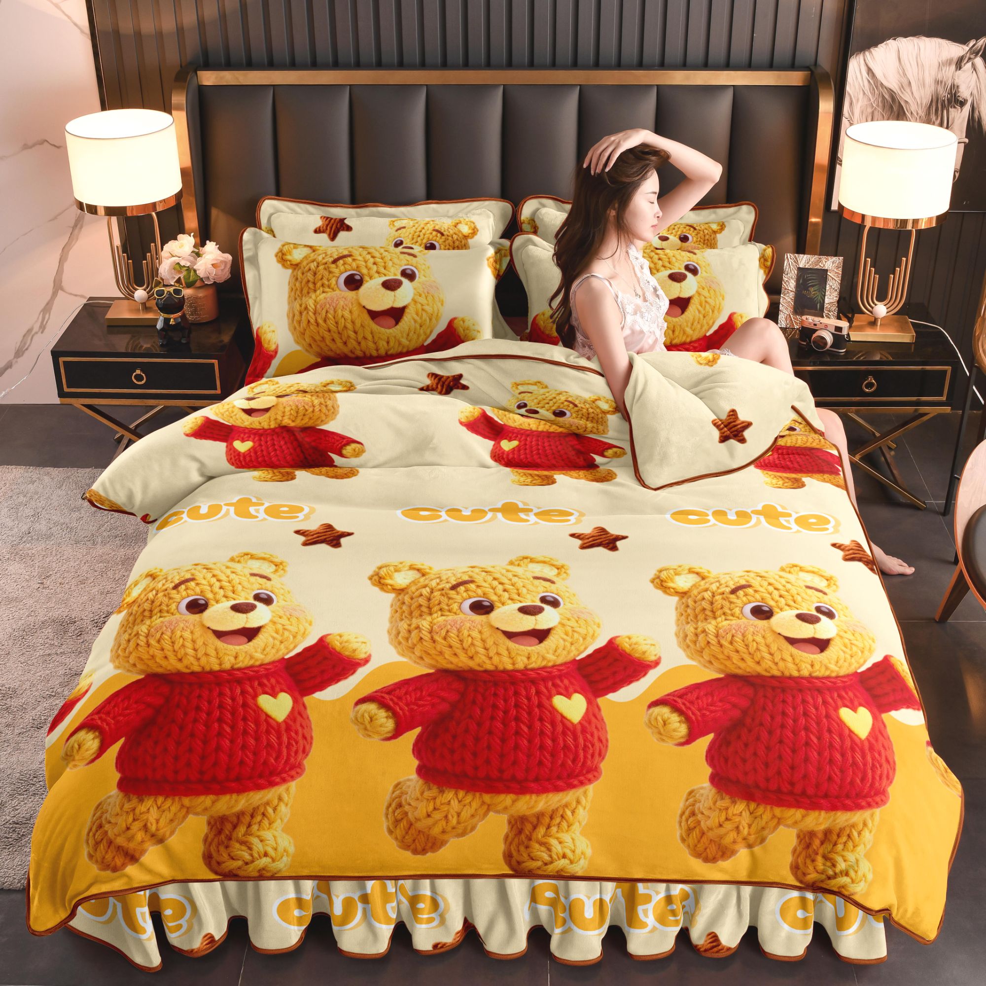 爱哩屋5D秋冬加厚床裙款卡通牛奶绒四件套保暖双面绒床单学生宿舍