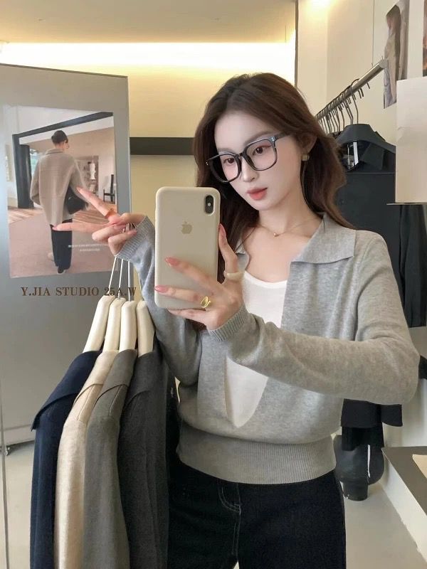 花倾慕韩版气质简约显瘦百搭长袖拼接假两件针织衫上衣女95518