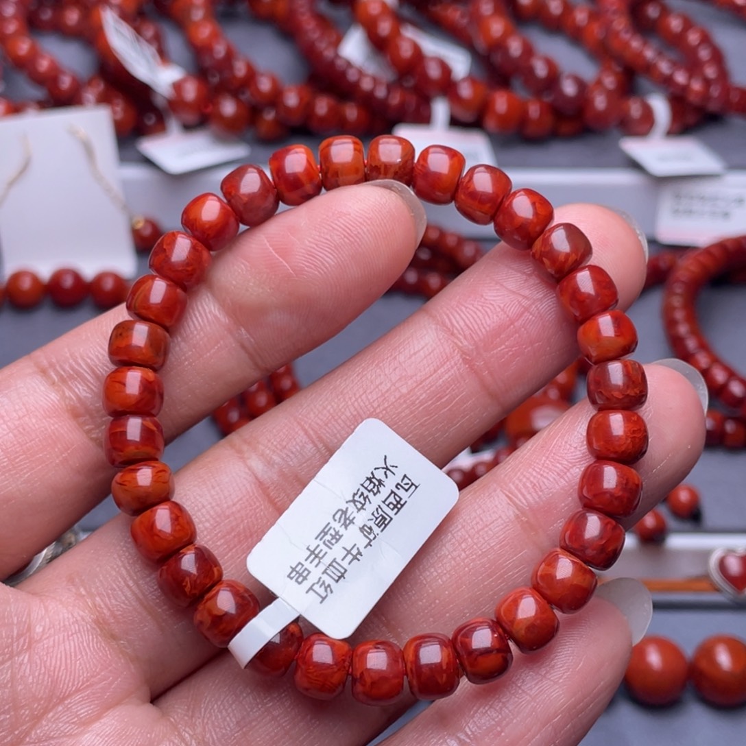 ࿐***࿐南红玛瑙未镶嵌配珠7.2mm瓦西牛血红火焰纹老型手串
