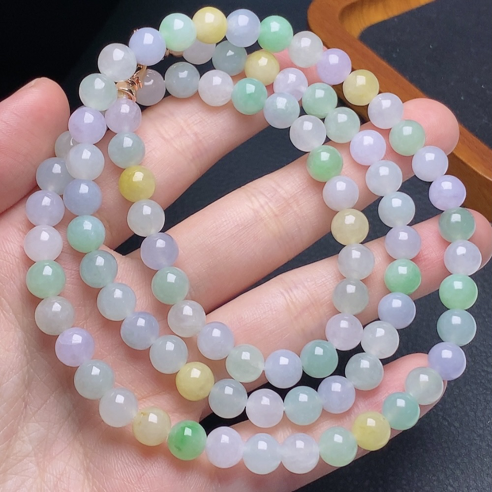 缅甸天然翡翠a货冰种多宝马卡龙圆珠项链卡7mm彩色糖果色混彩