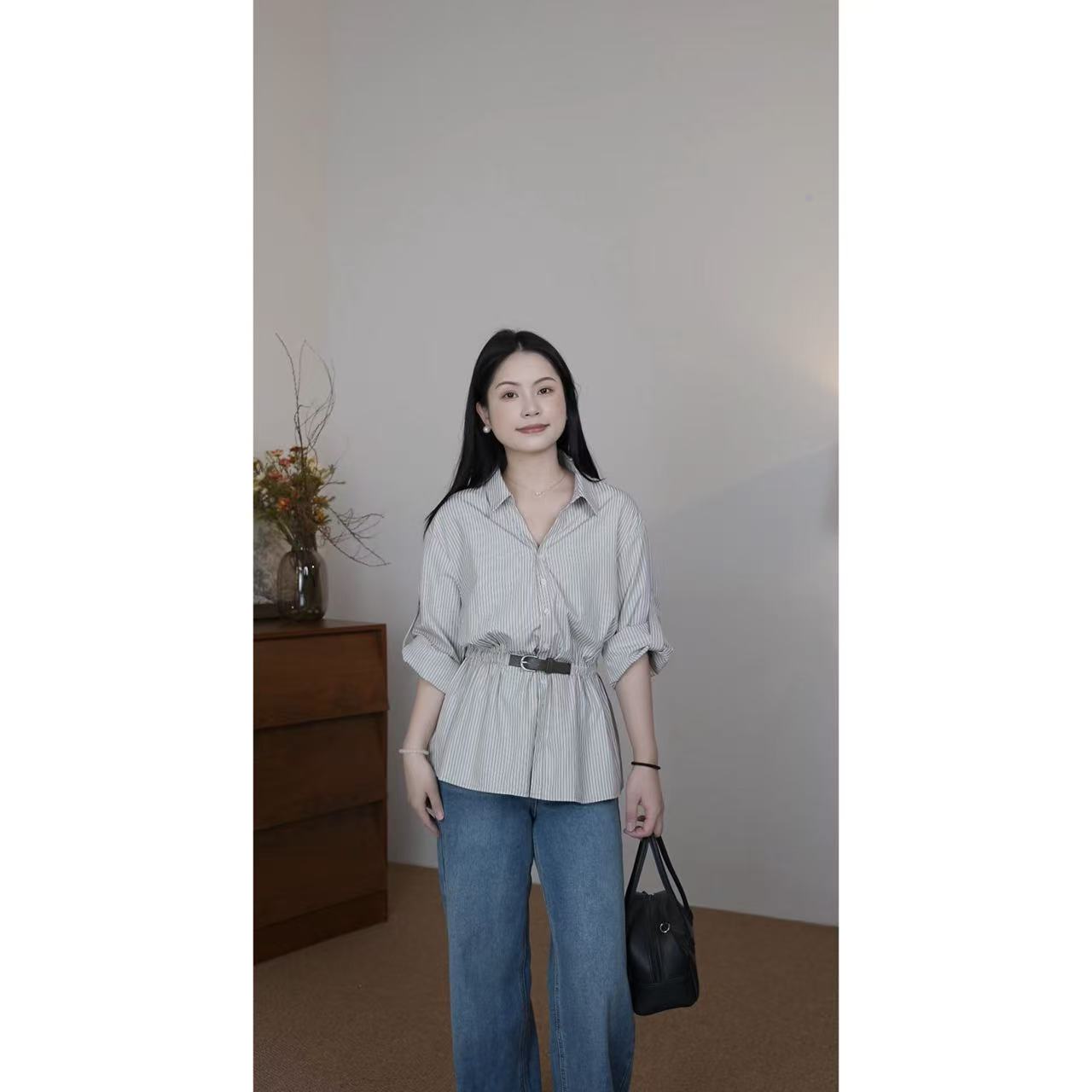 小个子法式条纹女士夏季秋季收腰衬衫女装小众时尚上衣