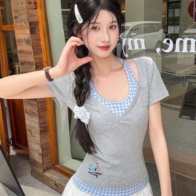 甜辣设计感假两件撞色格子短袖系带T恤夏季显瘦收腰上衣修身短款