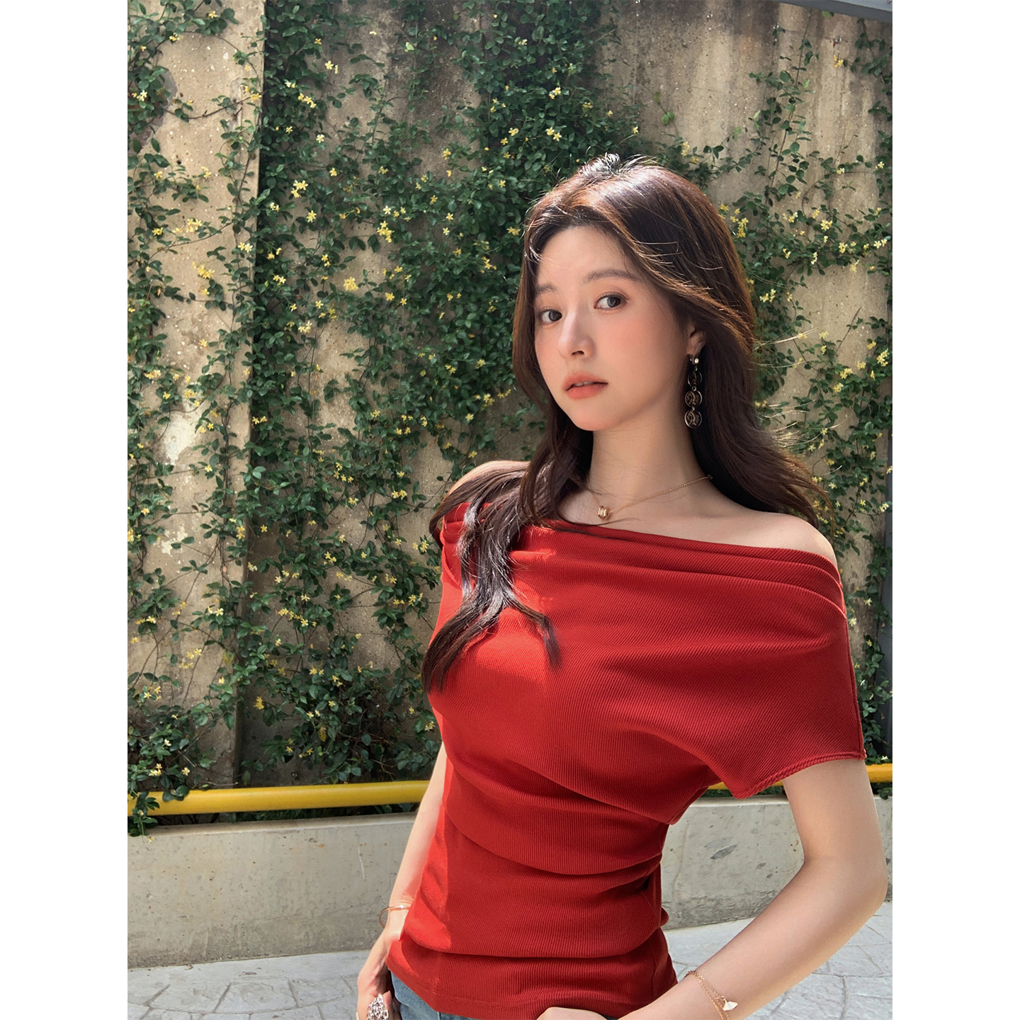 ADA MISS一字领/斜领露肩两穿T恤褶皱收腰修身显瘦上衣女夏季新款