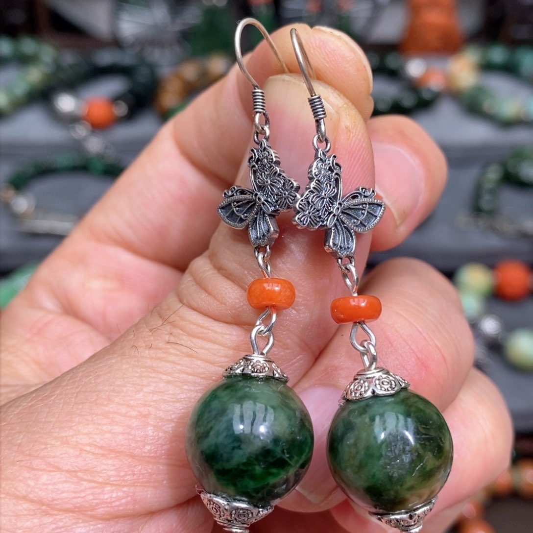 翡翠耳饰银S925镶嵌漂亮美眉