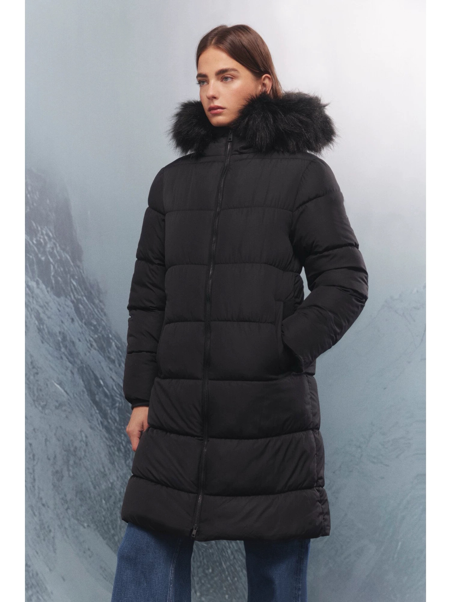 毛领连帽棉服女士中长款冬季加厚保暖外套大衣1405