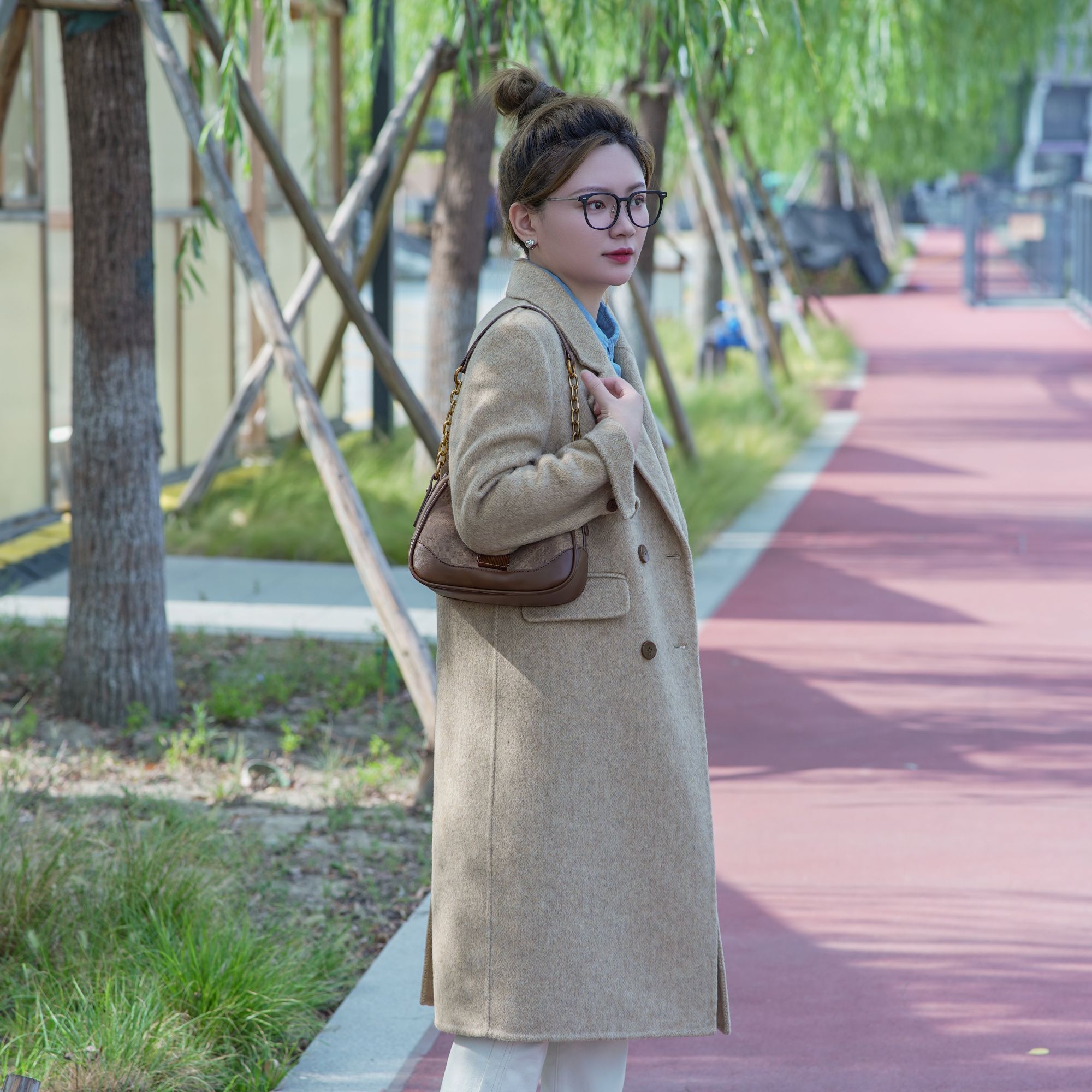 【布拉格】小个子定制中长款气质正肩时尚韩版人字纹双面呢大衣