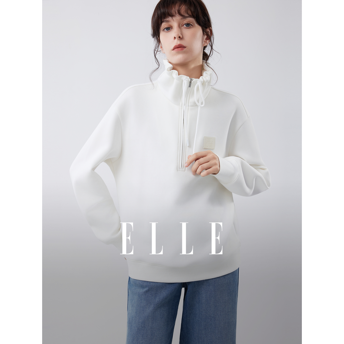 ELLE女装白色休闲卫衣2025冬季新款立领套头宽松上衣L8WWF138