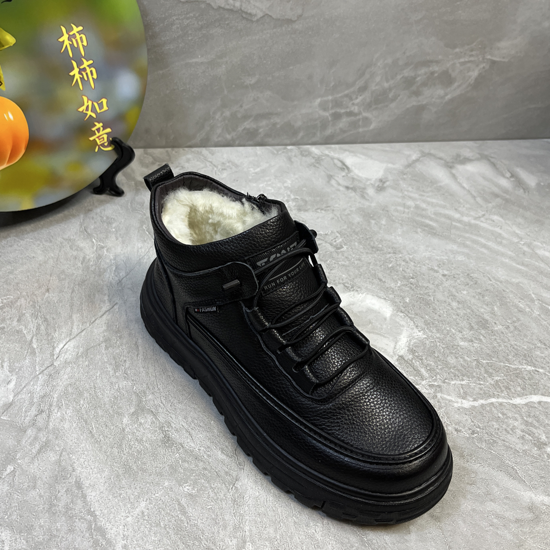 冬季男士休闲保暖休闲风圆皮毛舒适百搭男士加厚真皮大棉鞋