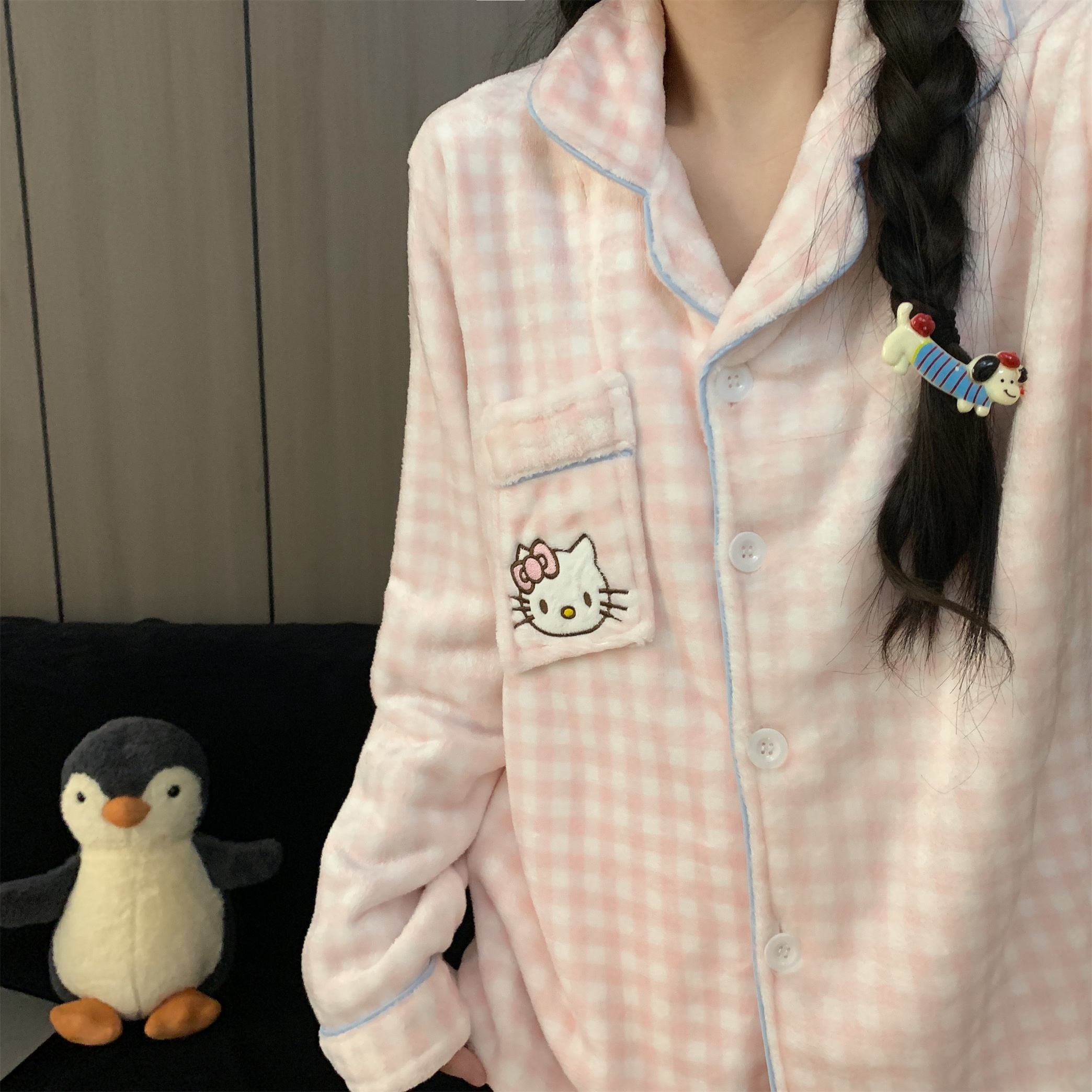 秋冬格子睡衣女KT猫法兰绒加绒加厚保暖蓄热宽松大码家居服可外穿