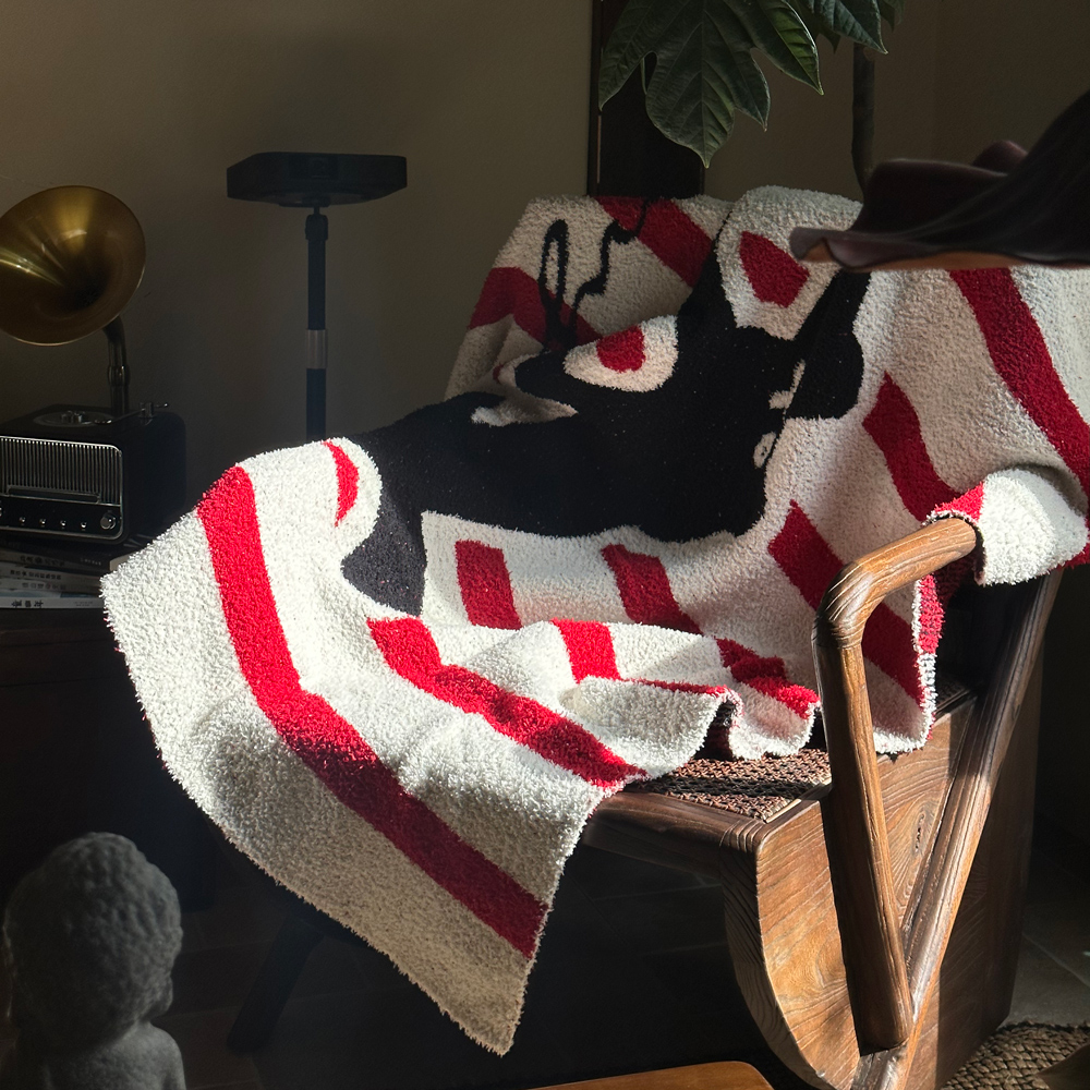 红色条纹哈基米半边绒针织毯沙发毯云柔软双面暖绒毛毯午休毯