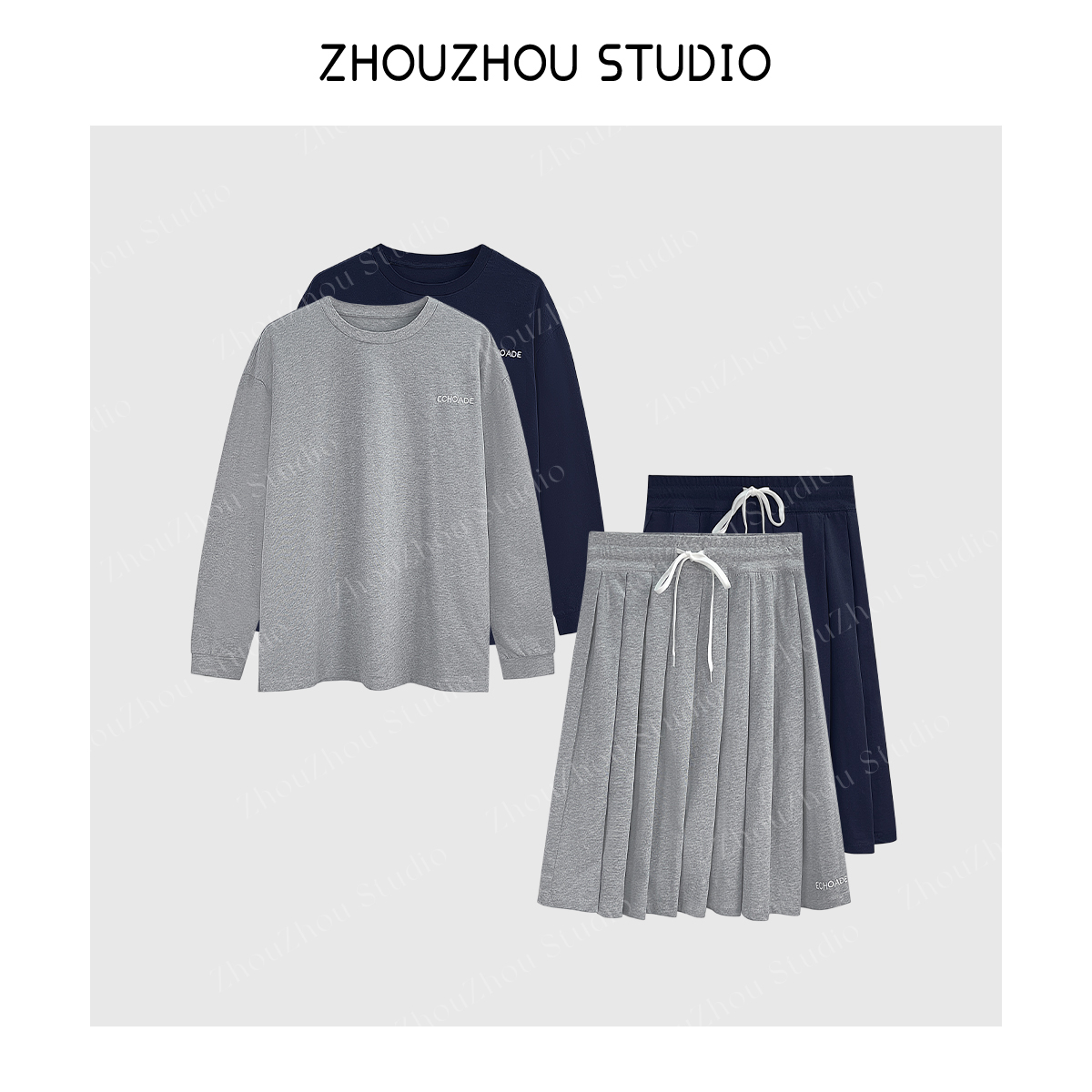  ZhouZhou25秋冬新品 时髦松弛宽松休闲长袖T恤百褶半身裙两件套