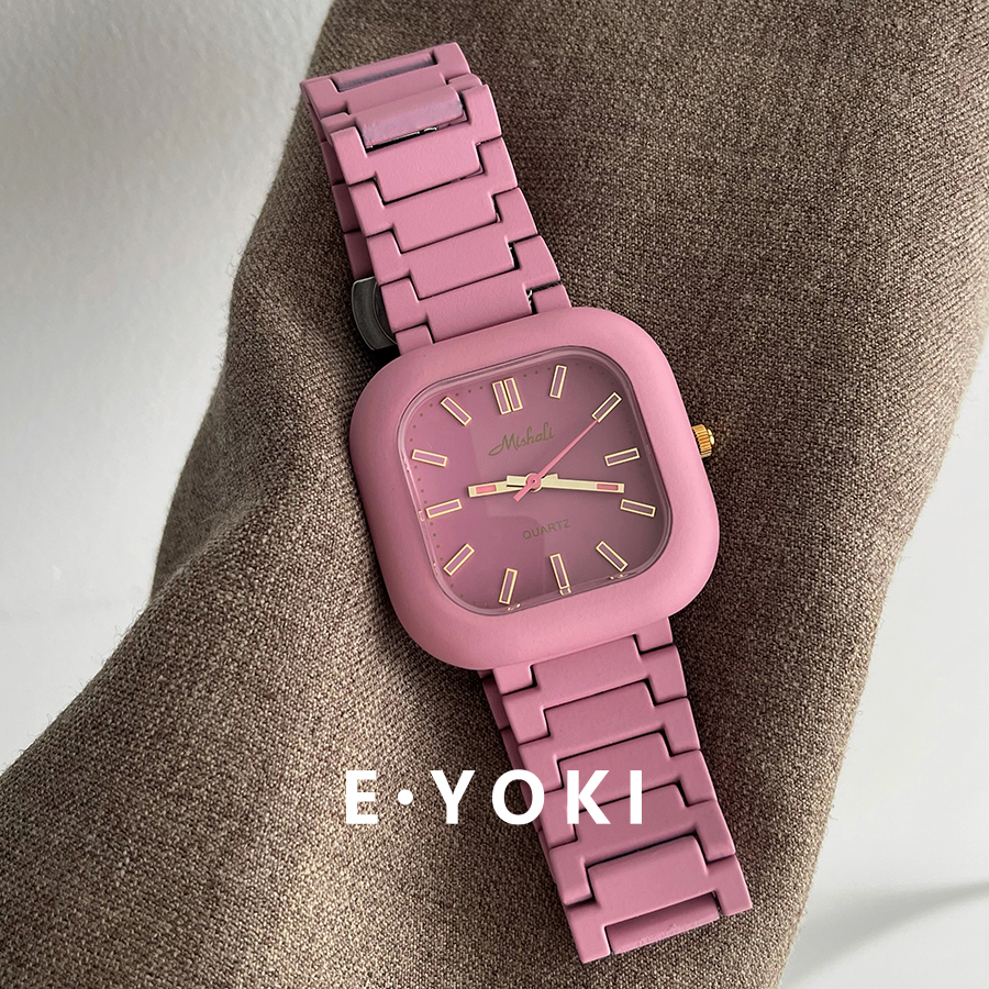 一柚七 落樱粉少女甜美显白女士小众女款学生高级感钢带手表女213