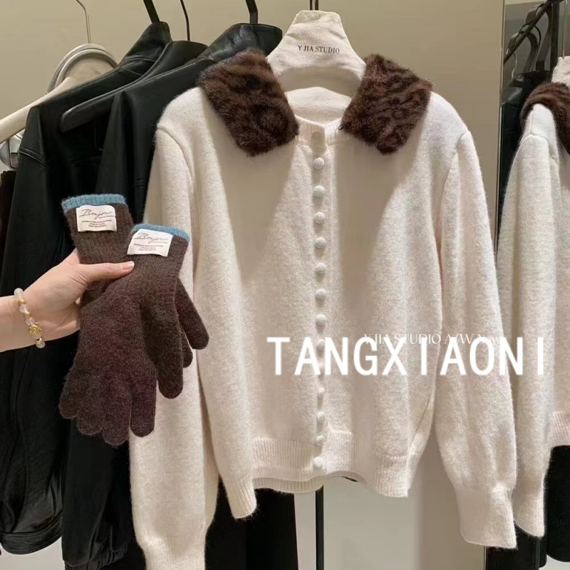 5店 【冬日暖阳】两色排扣豹纹领草草毛针织开衫 潮牌女装