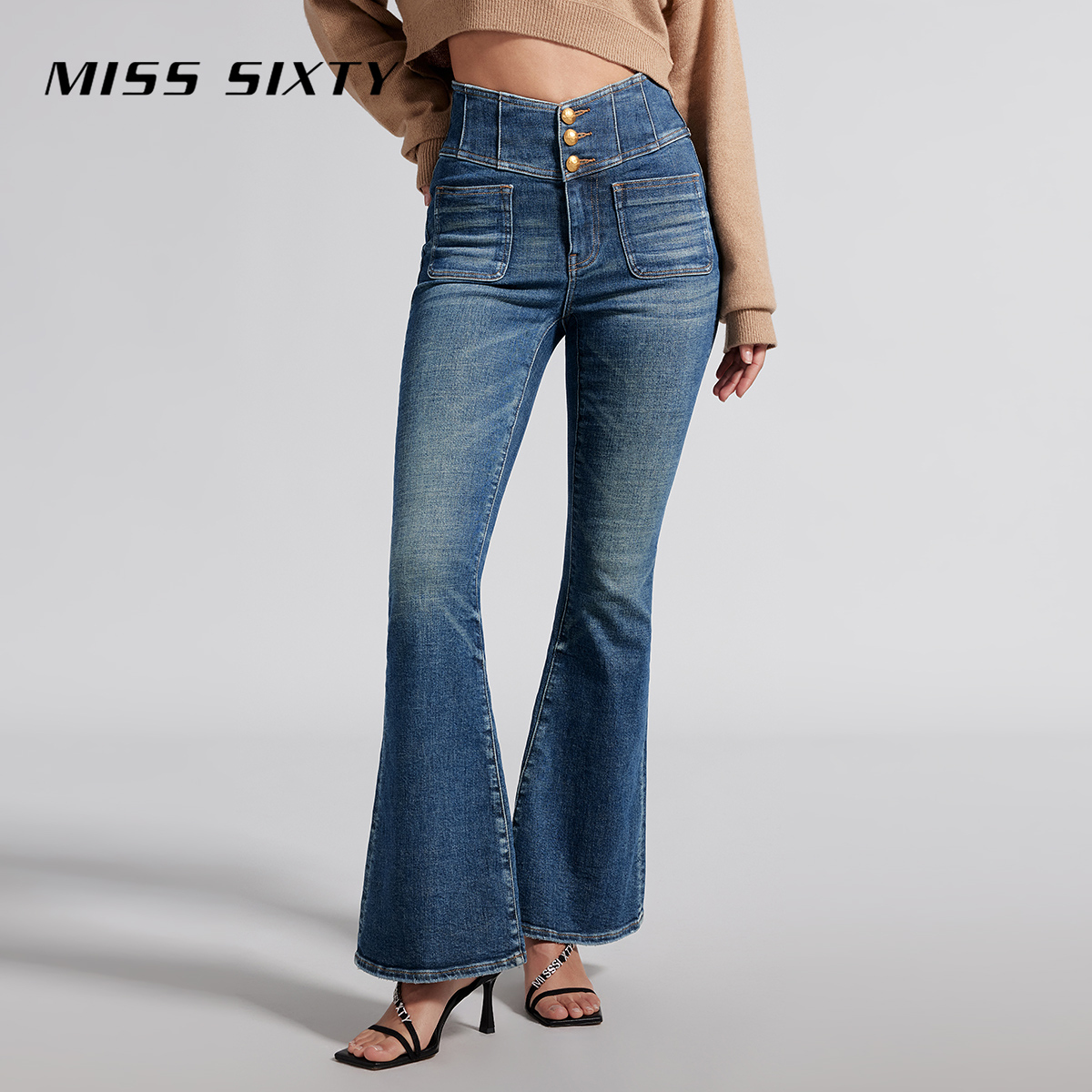 Miss Sixty春季新款牛仔裤女V型高腰显瘦复古喇叭裤小众设计