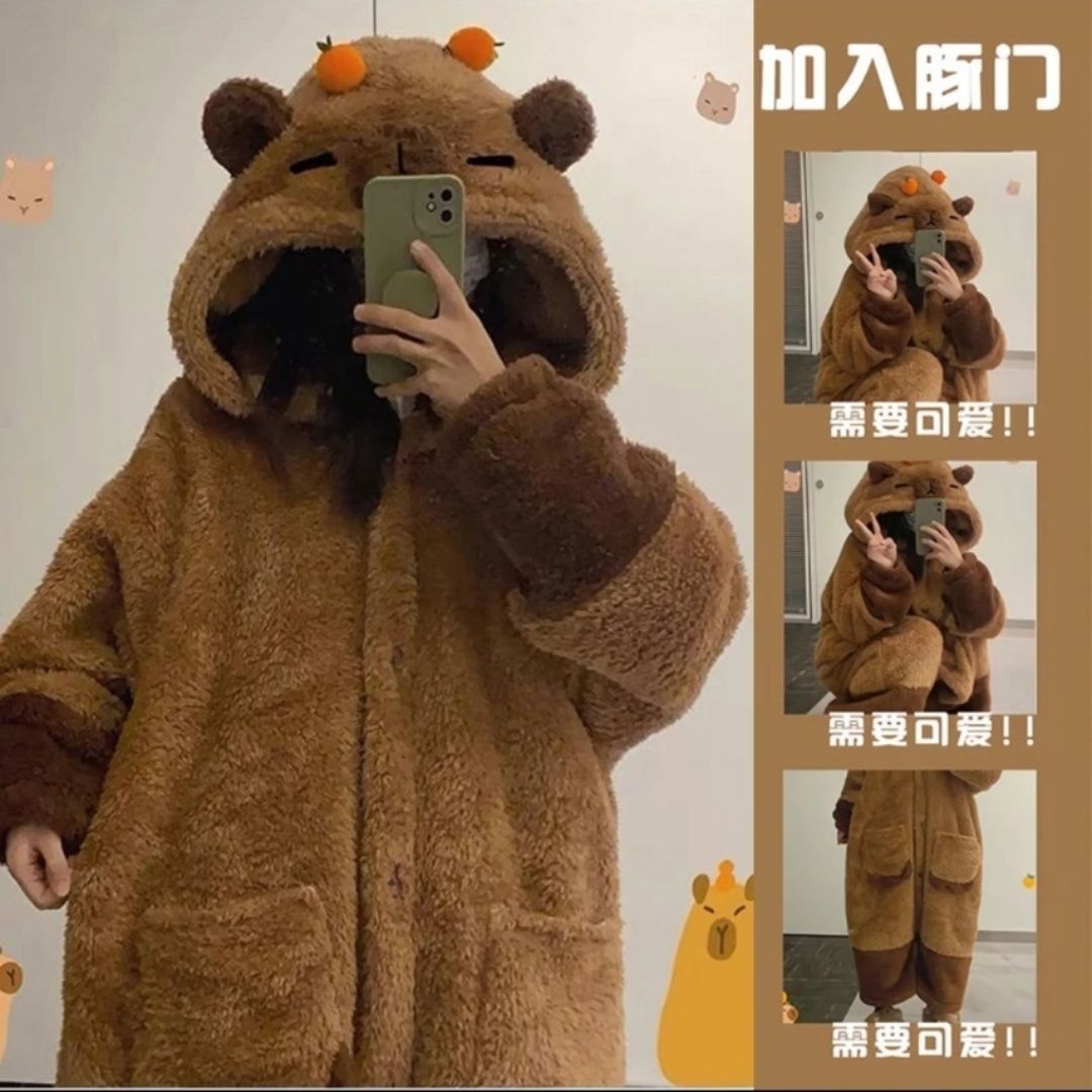 卡皮巴拉水豚冬季新款加厚睡袍卡通可爱风长款珊瑚绒睡衣女家居服