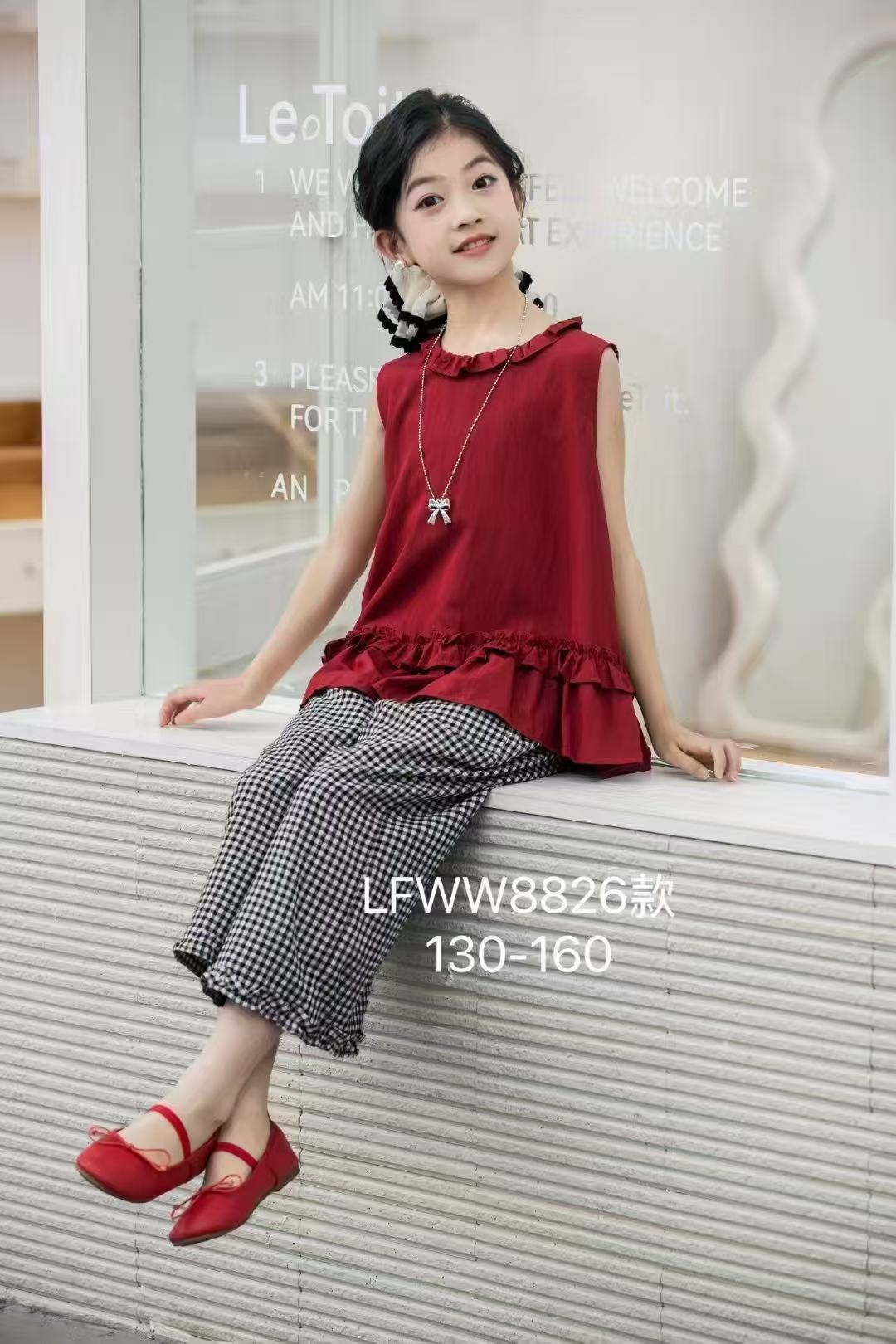 夏季女纯色洋气休闲风波点套装女童百搭无袖童装连衣裙