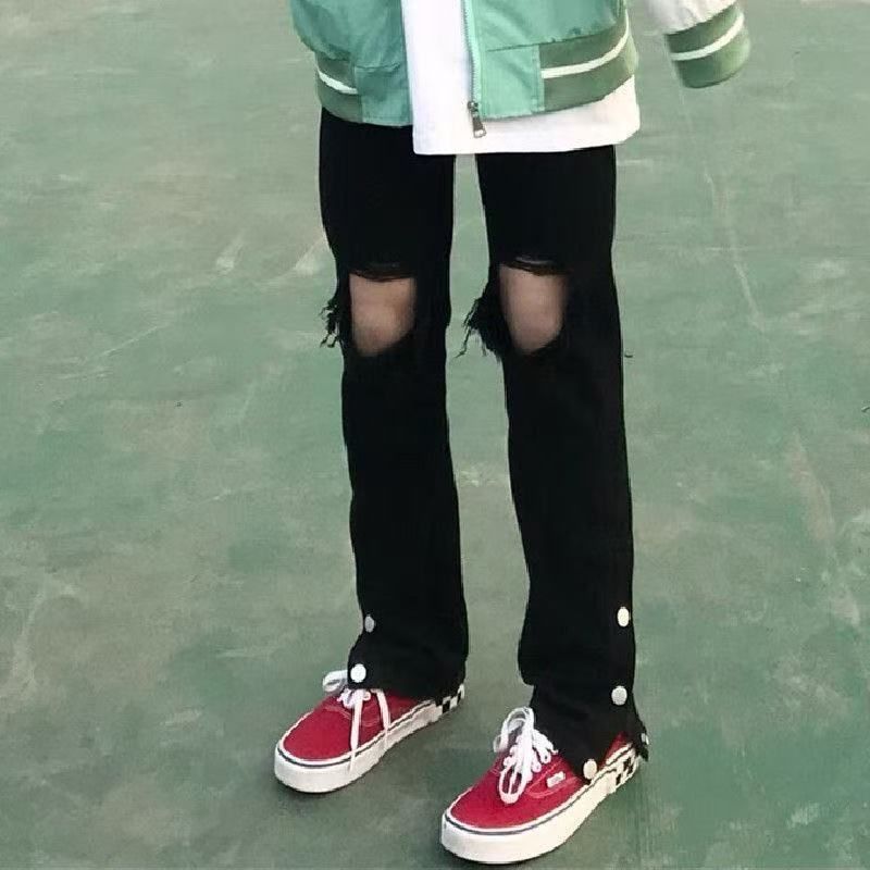 黑色破洞牛仔裤女夏季高街设计感小众宽松排扣直筒开完美世界联名