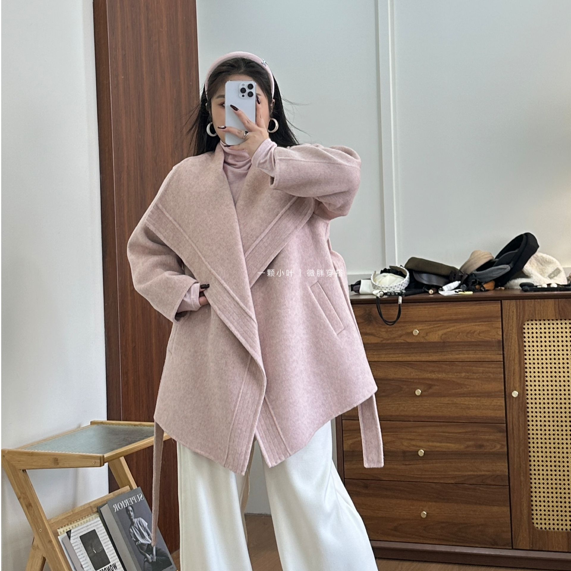 【一颗小叶】秋冬大版双面羊毛大翻领外套腰带可拆019