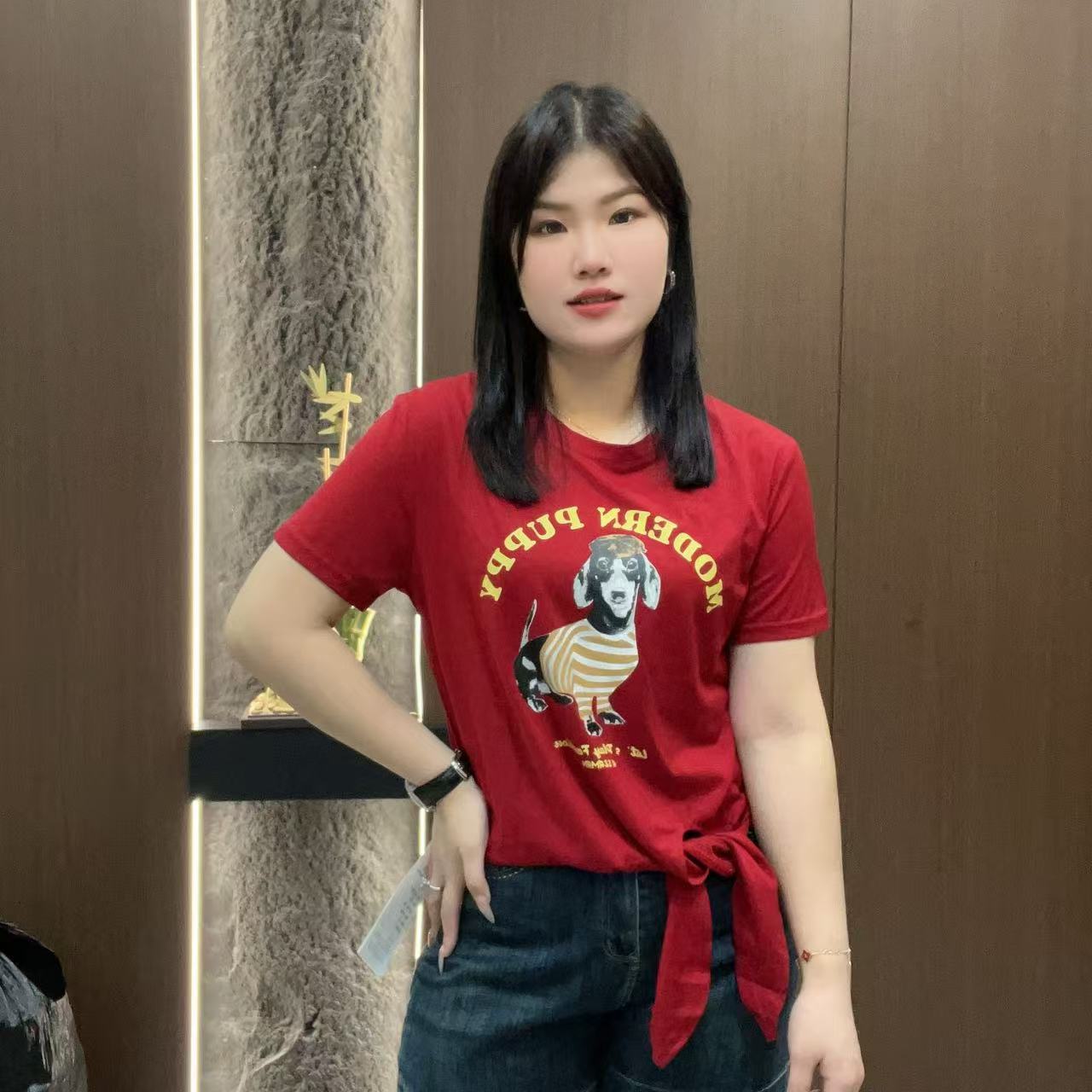 小鑫肝@现货浮力丝光棉小狗印花绑带休闲百搭T恤 25619