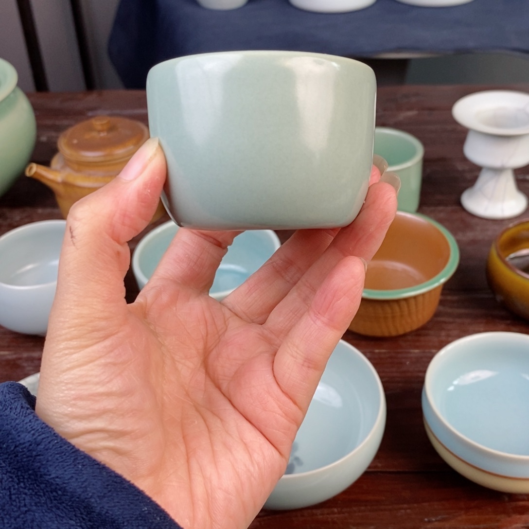 朱砂胎天青釉 板指杯 不开片 