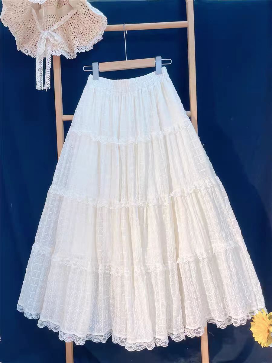 冬款长裙显瘦高腰法式蕾丝花边半身裙