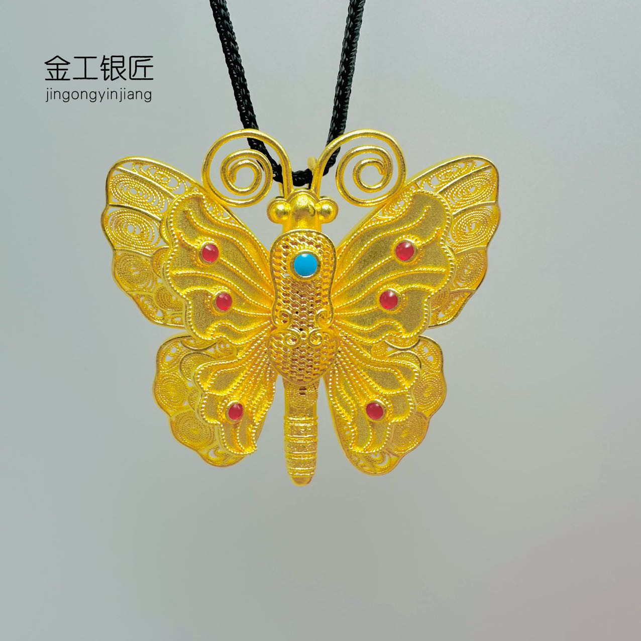 吊坠足银 珐琅彩花丝蝴蝶吊坠 时尚大气百搭精致