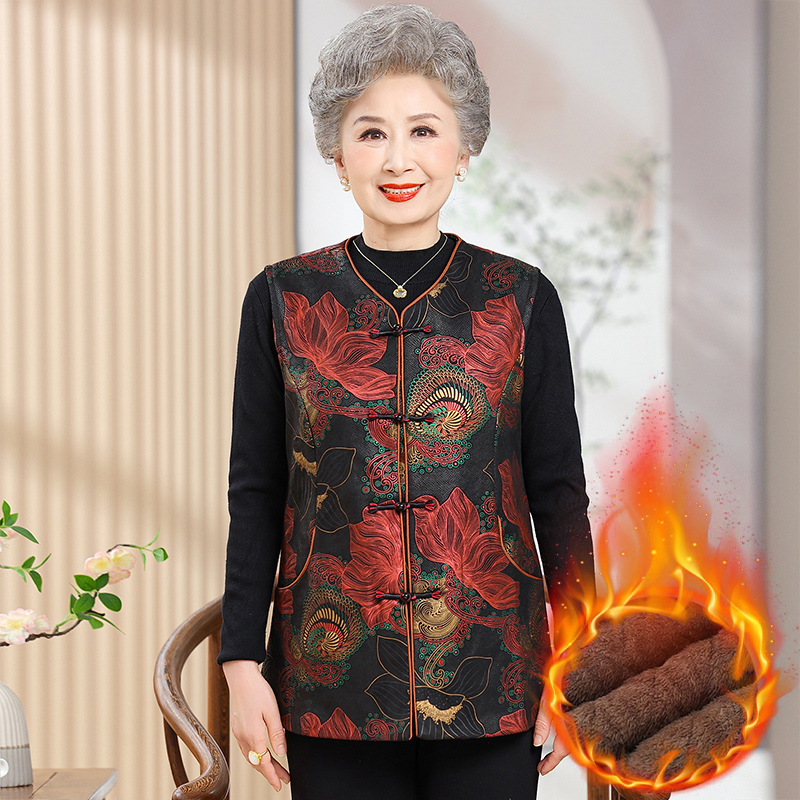 中老年妈妈国风加绒加厚马甲奶奶新中式坎肩老人秋冬款外套女外穿