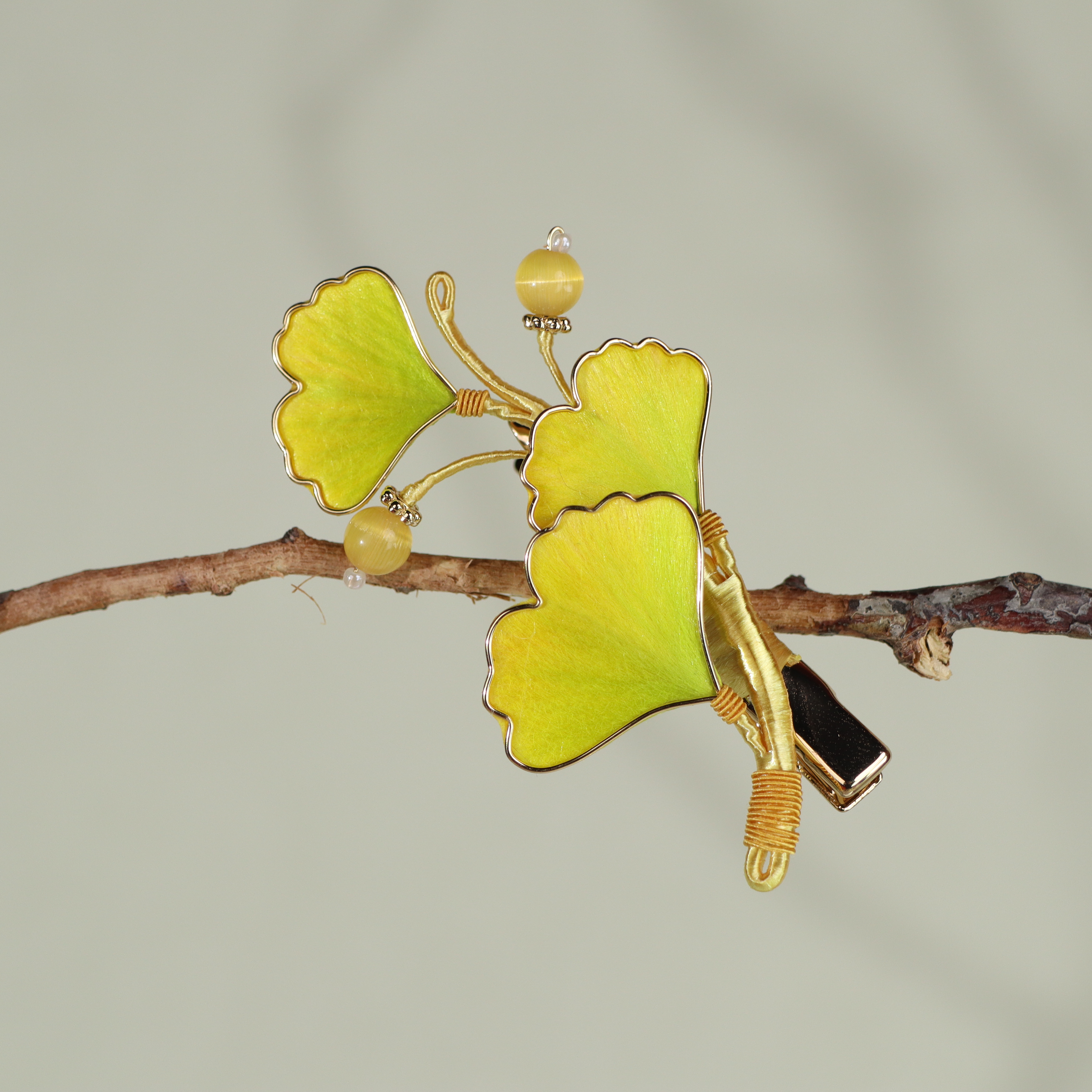 【金风玉露】非遗绒花纯手工非遗绒花银杏小发夹桑蚕丝国风旗袍汉服