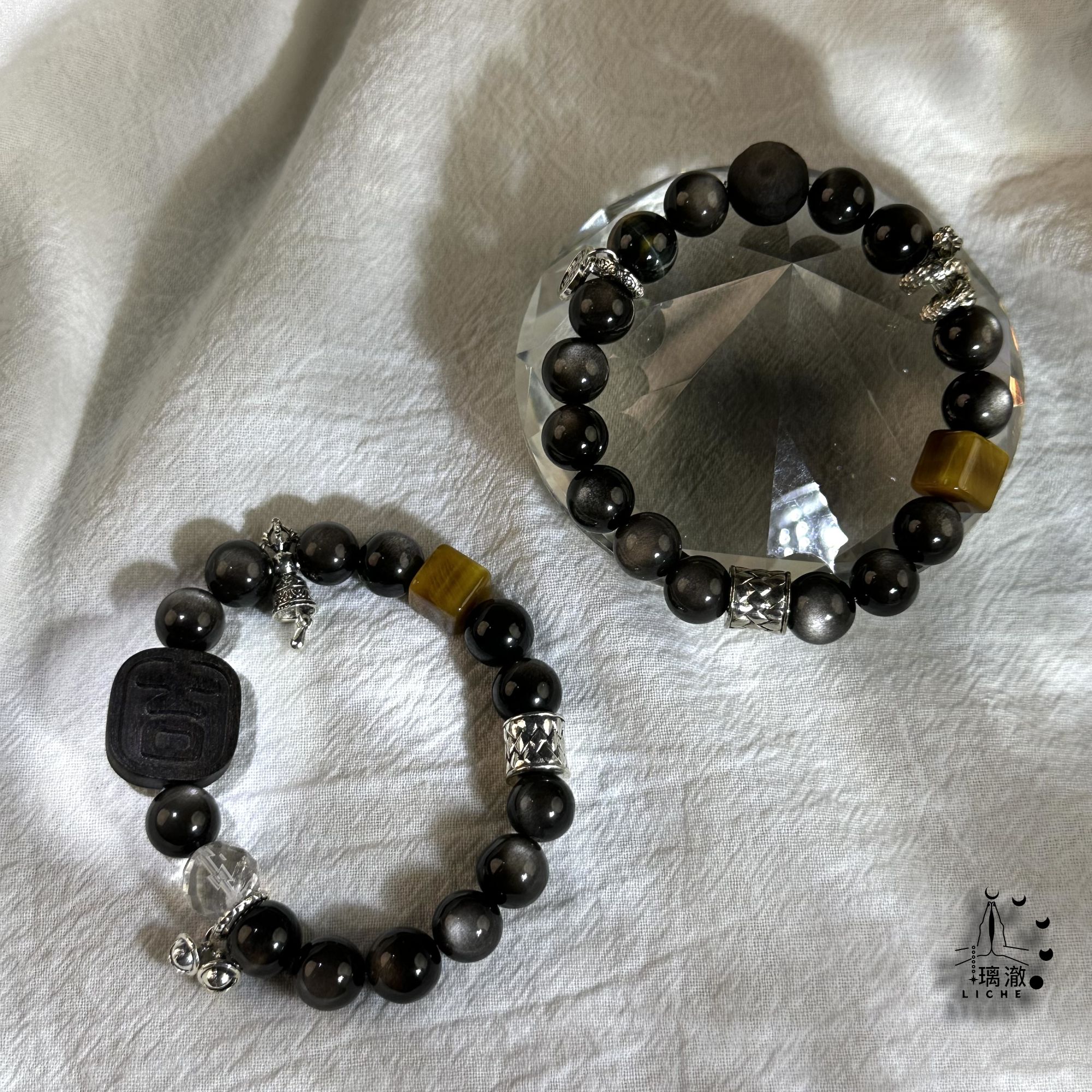 【望舒引·属水】天然银曜石 金虎眼石 情侣款水晶手串 珠径：10mm