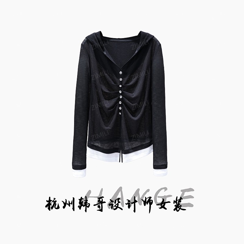 【韩哥女装】2025秋季欧版设计暗夜黑钉扣压褶休闲高弹上衣9818-B9