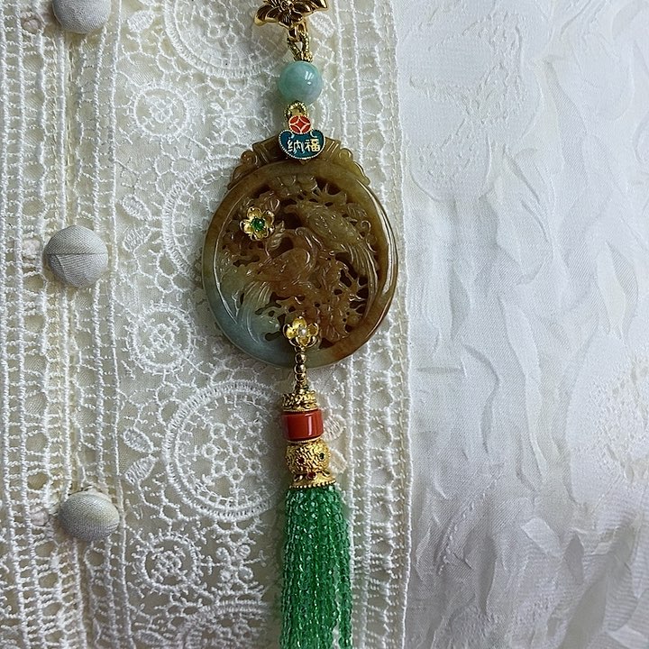 翡翠吊坠(不含链)未镶嵌老黄翡雕刻喜上眉梢压襟吊坠