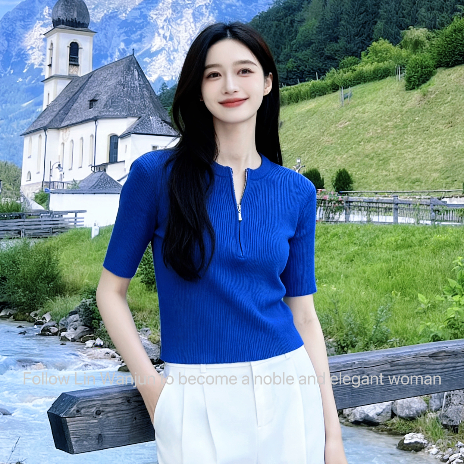 【无人区玫瑰】林婉君专属克莱因蓝冰丝半袖夏季新款时尚半拉链短袖