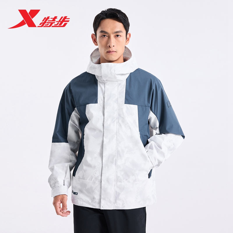 特步男子双层风衣跑步运动外套防风防泼水宽松保暖连帽冬季耐磨