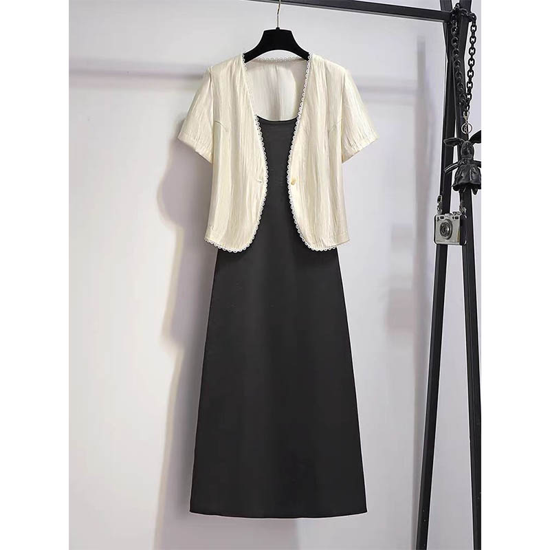 （女装）2561 小香风花边短袖开衫上衣搭吊带裙气质两件套装