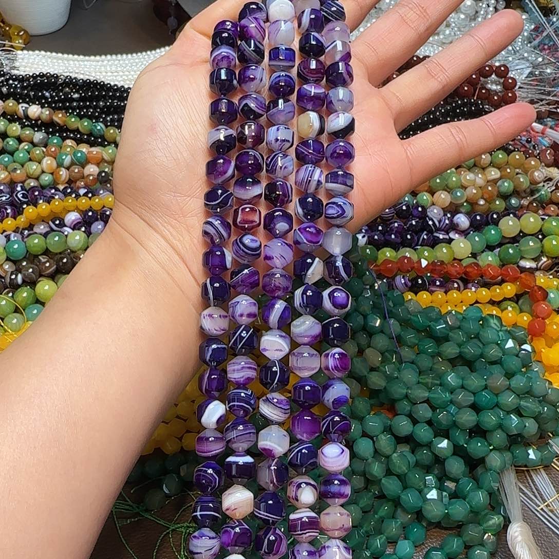 玛瑙/玉髓合金珠宝半成品10mm线条紫玛瑙路路通一条