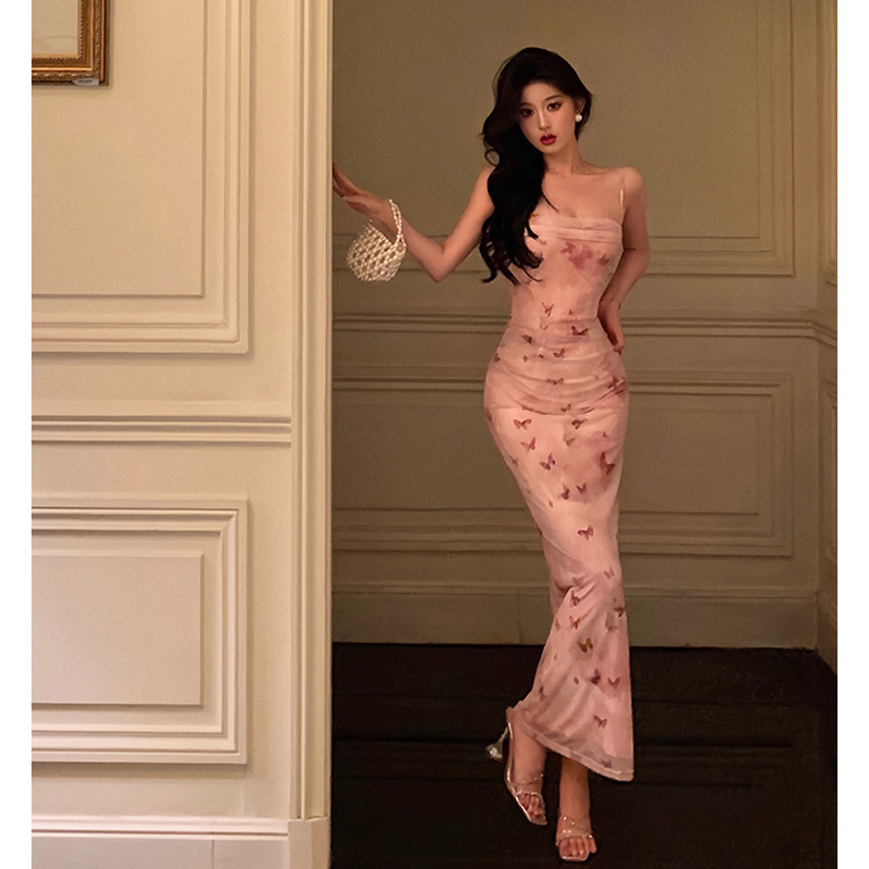620粉蝶印花吊带连衣裙女2024夏季新款弹力网纱修身包臀长裙3793