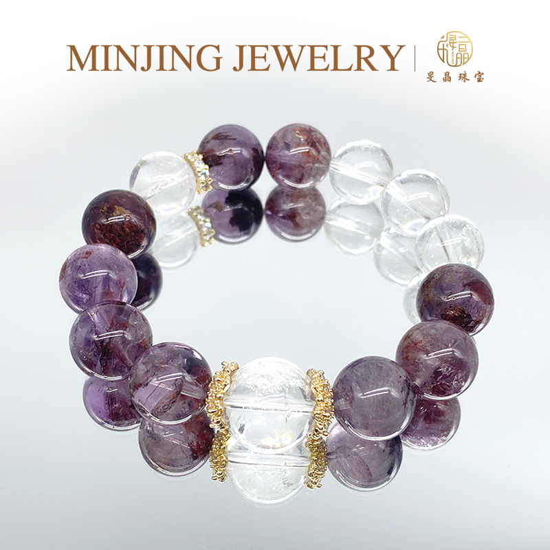 旻晶【紫霞初开】天然水晶手串手链原创设计款礼物紫幽灵白水白阿塞