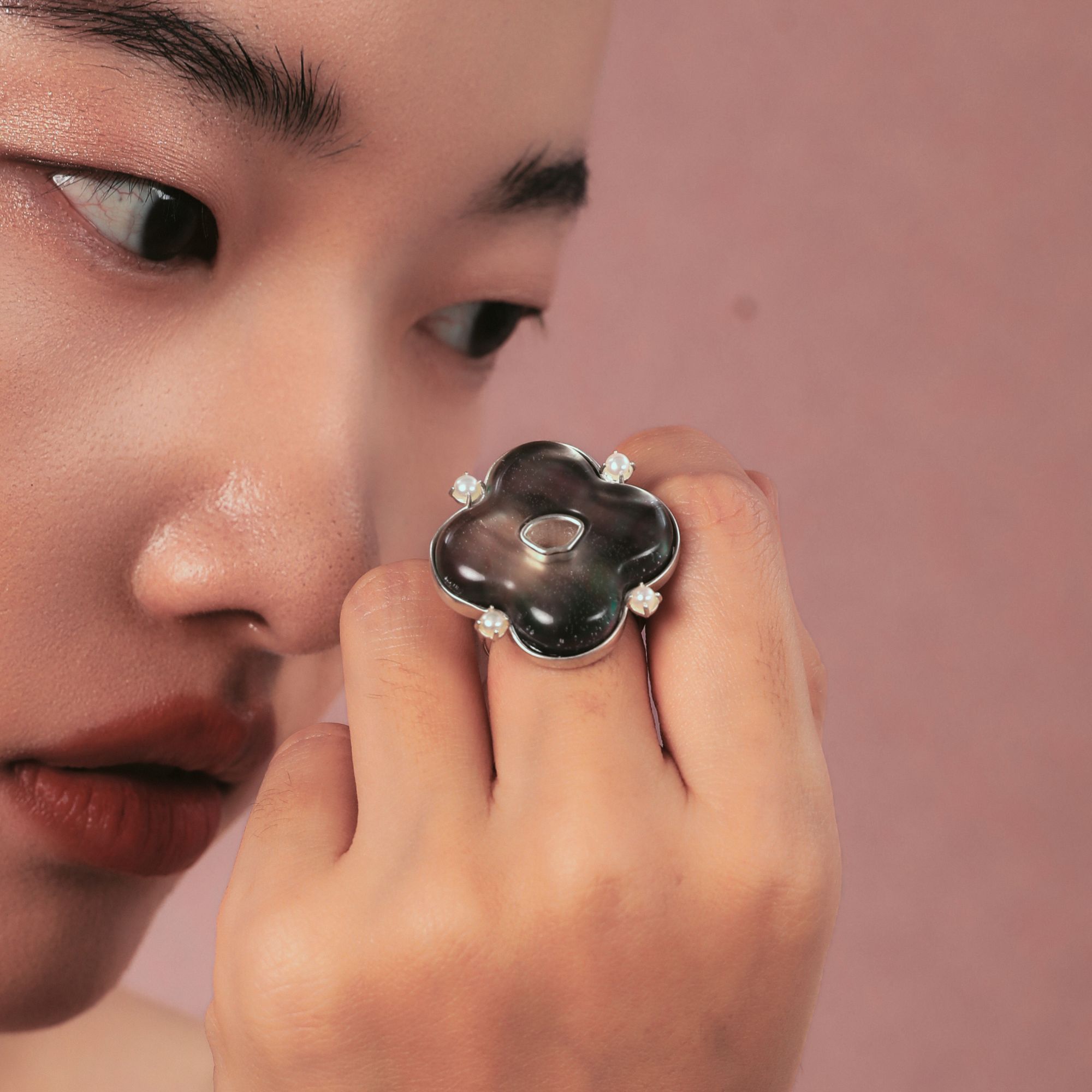 铜合金戒指 磐石云松-大海棠窗贝母巴洛克银开口戒戒指新中式