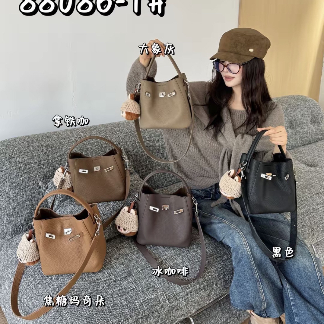 2025秋冬新款真皮荔枝纹手提菜篮子水桶包公仔包包女款凯莉女包