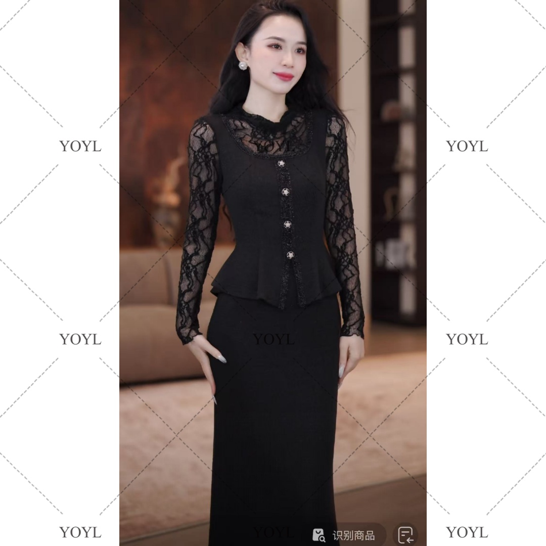 【yola】夜幕秋季新款气质显瘦假两件鱼尾连衣裙-YL11871