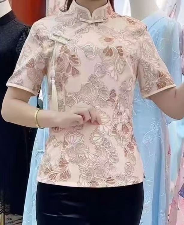 090-夏季复古烫金短袖显瘦中式改良旗袍小上衣（单件上衣）