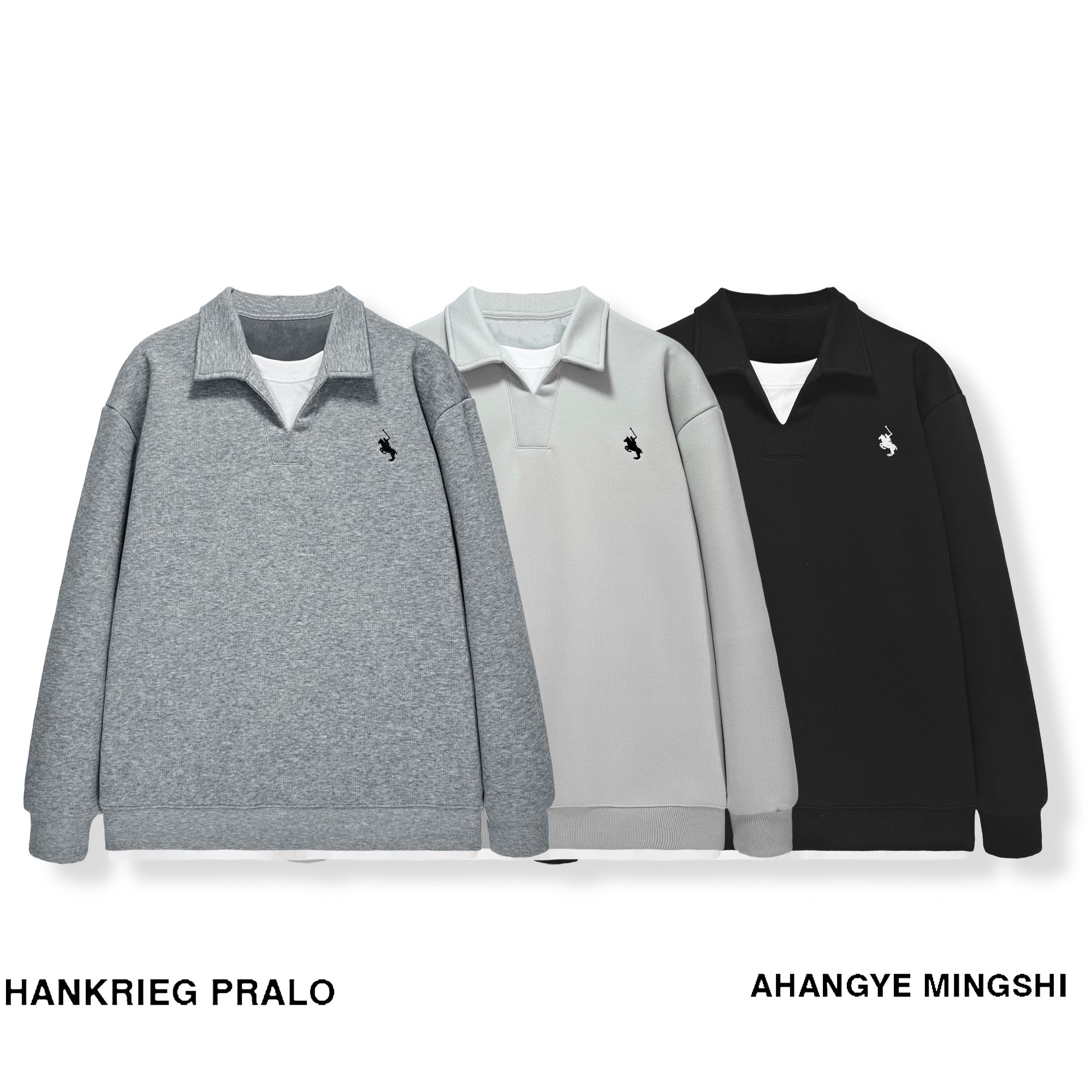 翻领秋冬加绒假两件拼接长袖男刺绣秋冬卫衣33601