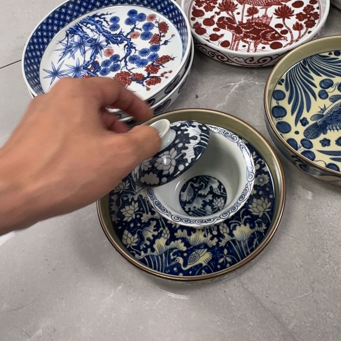 摆件青花一路连科两才盖碗