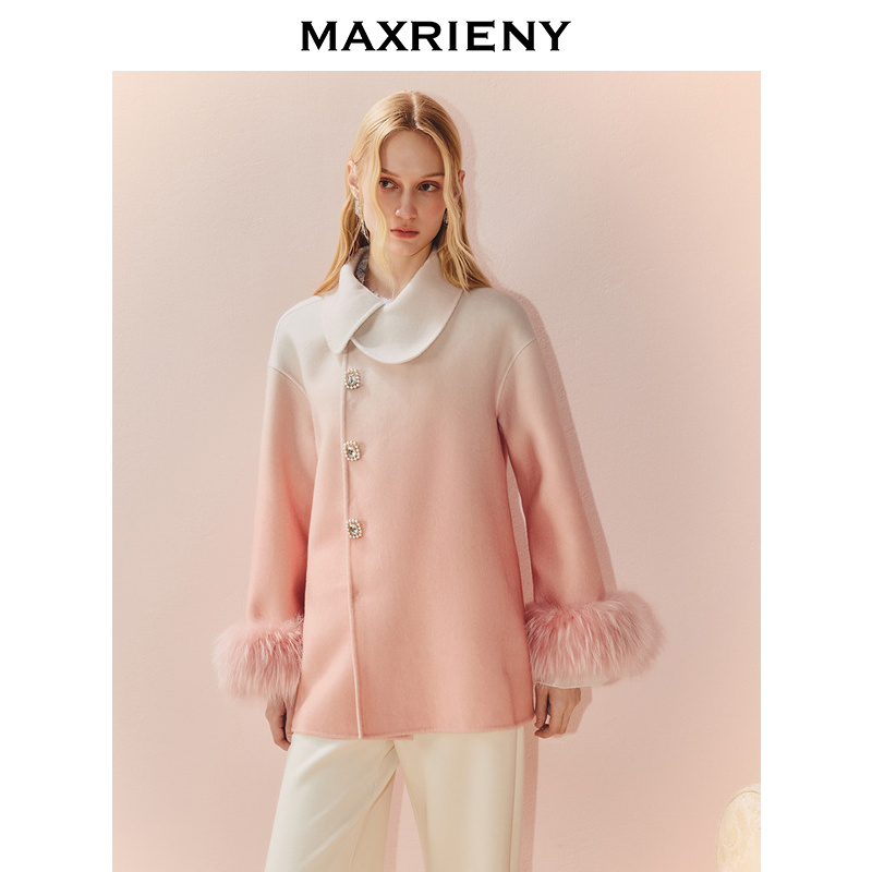 MAXRIENY千金风渐变毛呢外套女25秋款少女感减龄貉子毛单排扣大衣